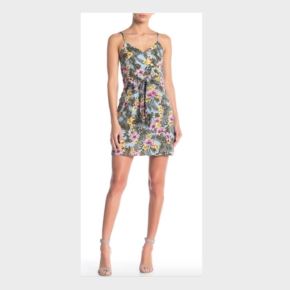Tropical Floral Print Faux Wrap Dress